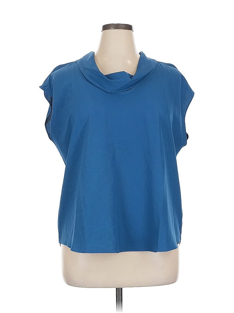 Pre-owned H By Halston Short Sleeve Top Blue Cowl Neck Tops