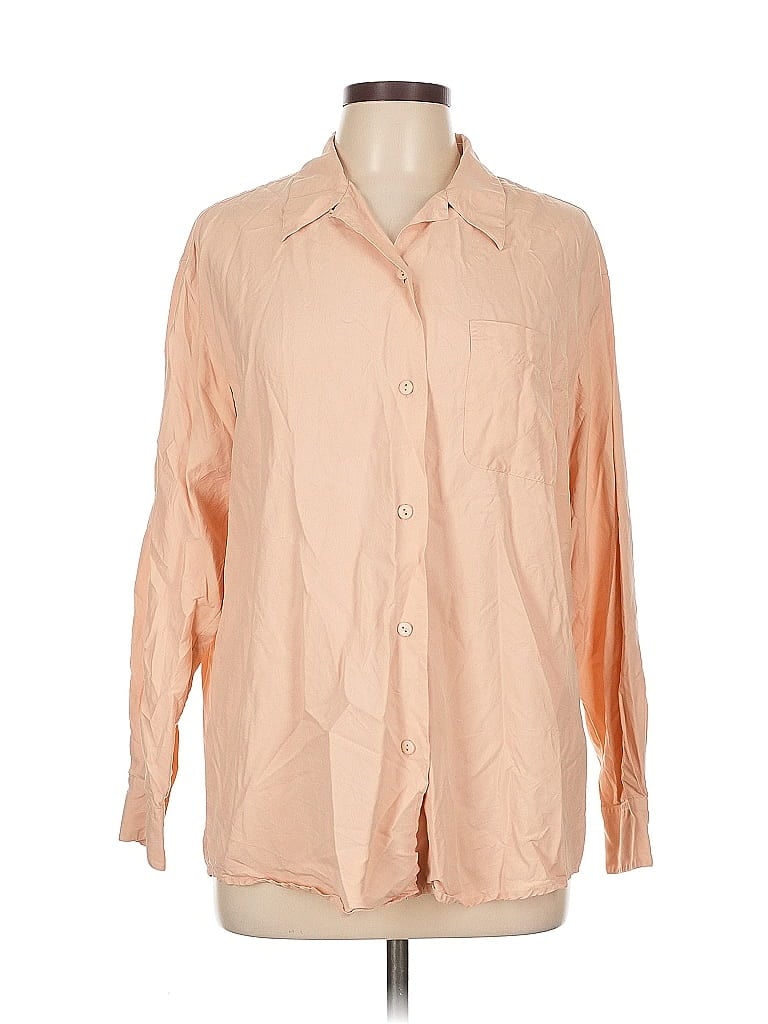 Pre-owned Ann Taylor 3/4 Sleeve Silk Top Tan Collared Neckline Tops In Brown