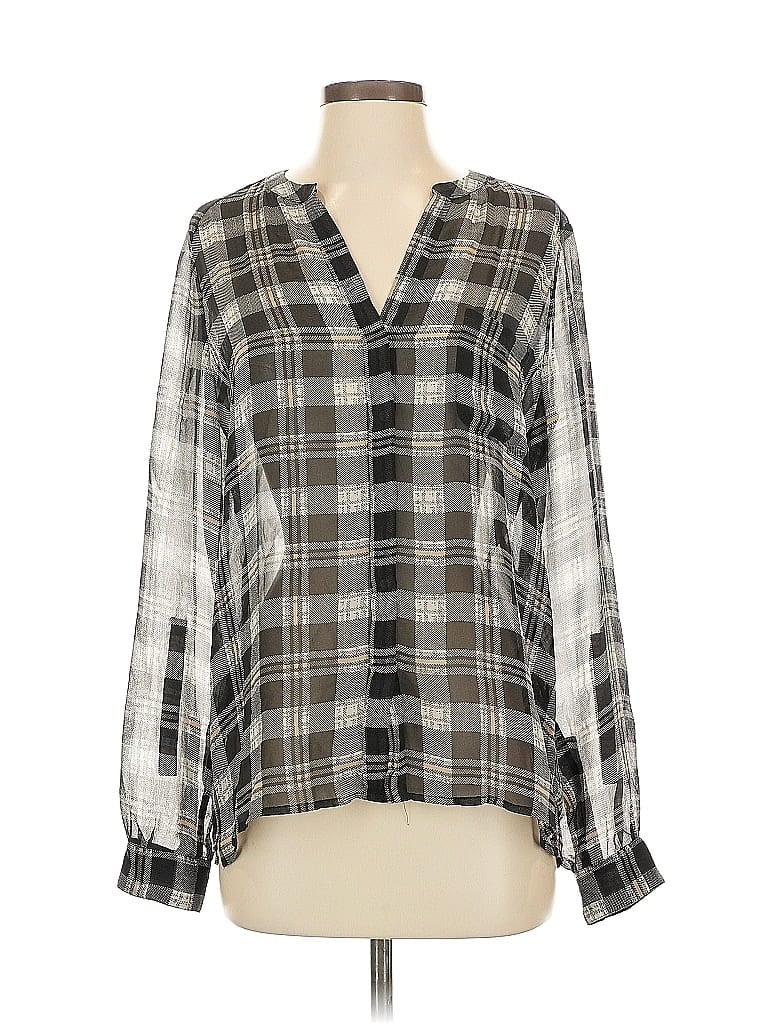 Pre-owned Joie Long Sleeve Silk Top Gray Plaid Pattern V Neck Tops