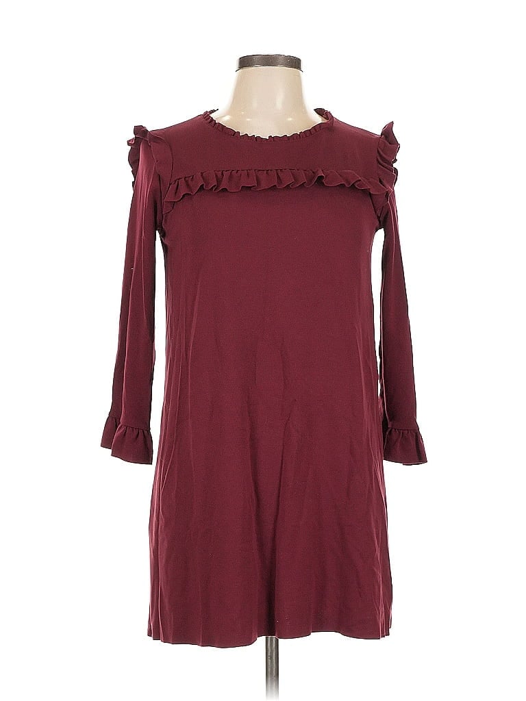 Pre-owned Zara W&b Collection 3/4 Sleeve Top Burgundy Ruffles Neckline Tops