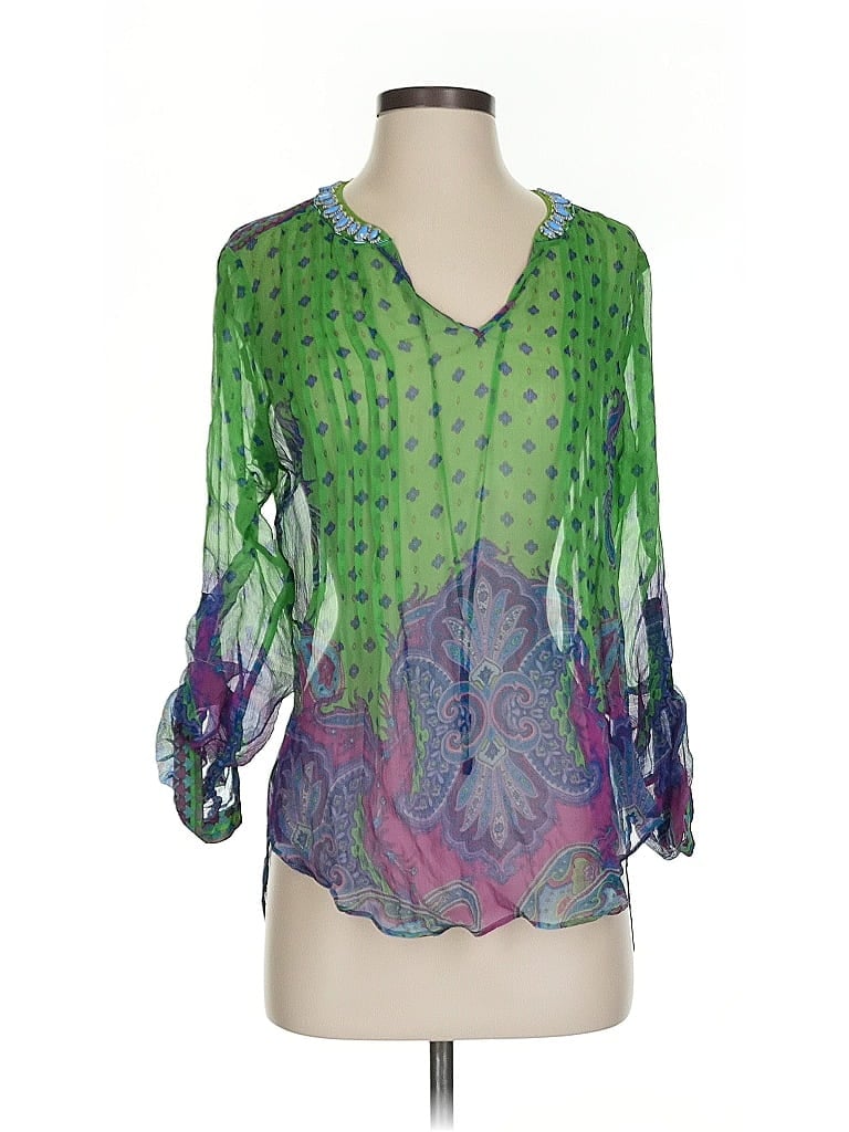 Pre-owned Hale Bob 3/4 Sleeve Silk Top Green Plunge Neckline Tops