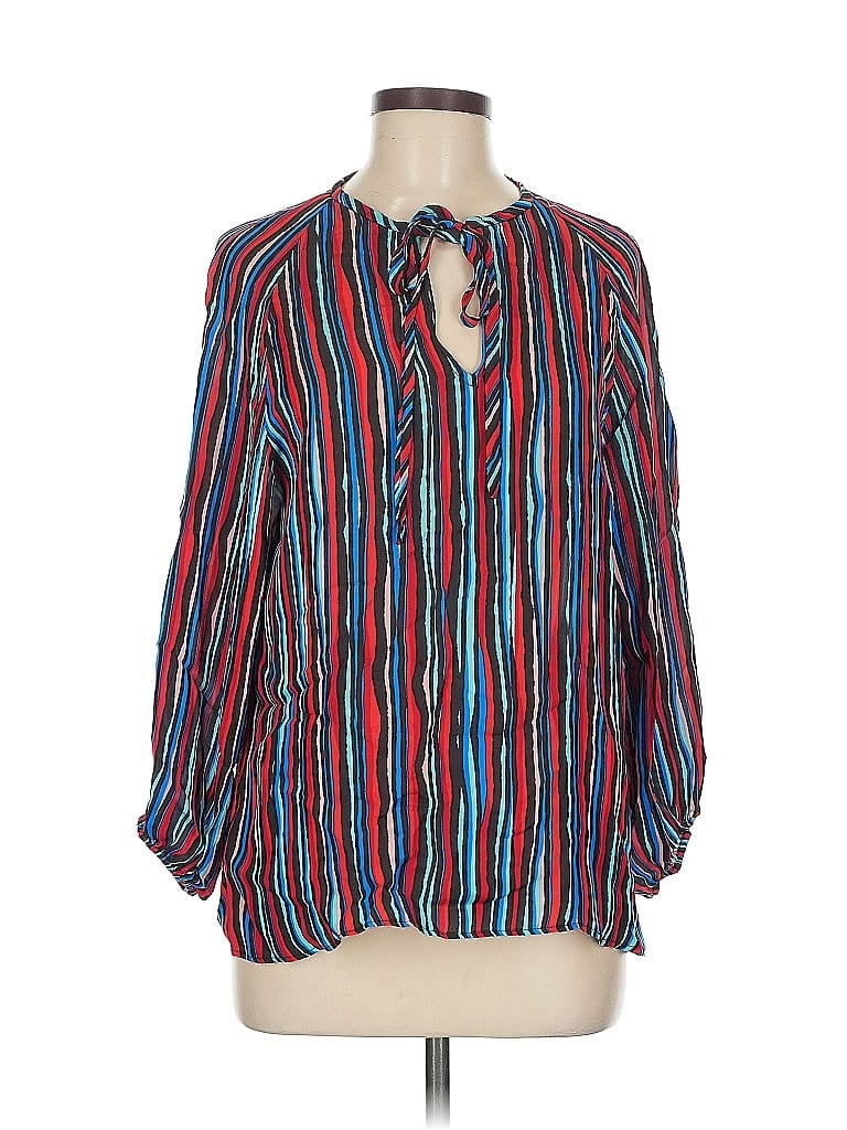 Click to view more detailed imagery on our partner's website Pre-owned Tucker Long Sleeve Silk Top Red Stripes Pattern Keyhole Neckline Tops