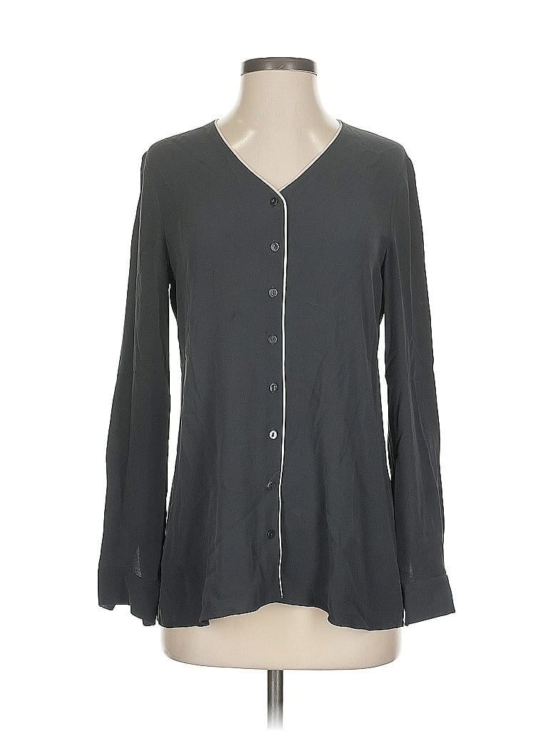 Pre-owned Eileen Fisher Long Sleeve Silk Top Gray V Neck Tops