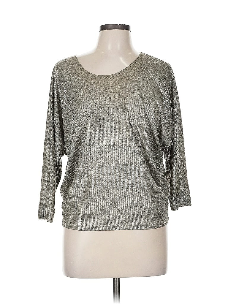Pre-owned Kim & Cami 3/4 Sleeve Top Silver Metallic Pattern Scoop Neck Tops