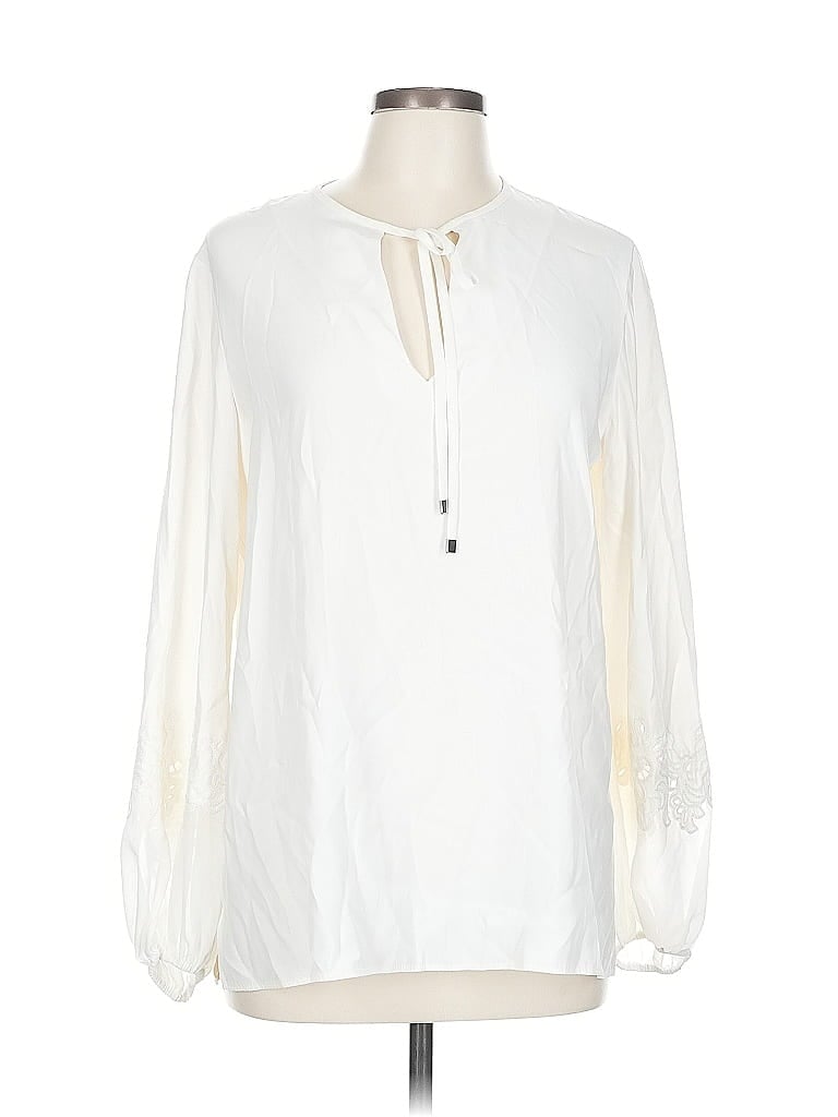 Pre-owned Lafayette 148 Long Sleeve Silk Top Ivory Keyhole Neckline Tops In White