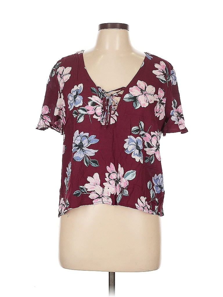 Pre-owned Kendall & Kylie Short Sleeve Blouse In Burgundy