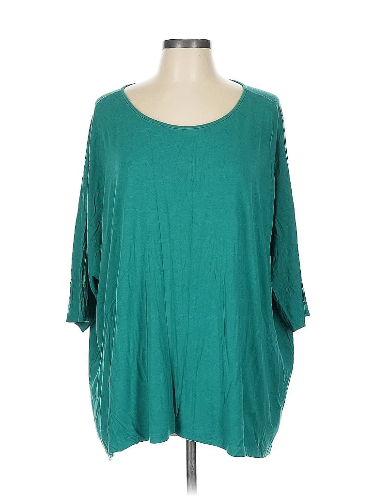 Pre-owned Eileen Fisher 3/4 Sleeve Top Teal Scoop Neck Tops In Blue