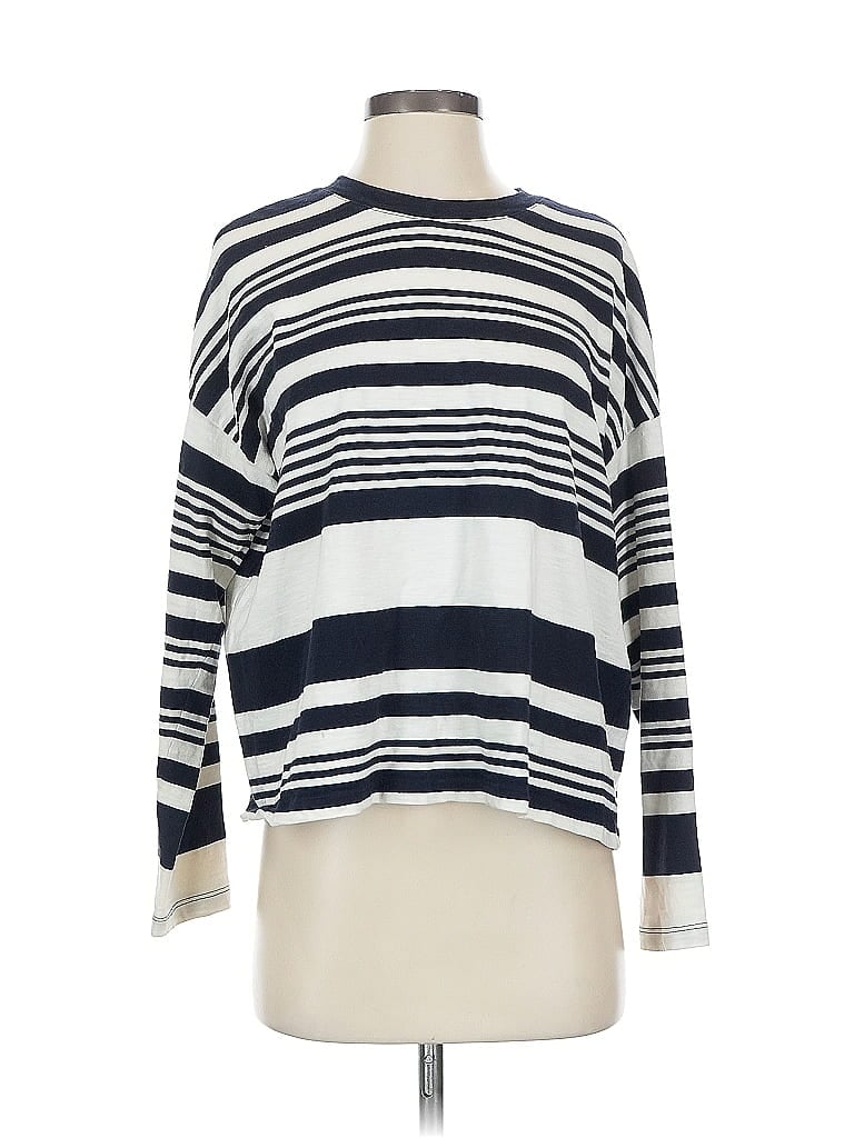 Pre-owned Lou & Grey Long Sleeve Top Ivory Stripes Pattern Boatneck Tops In White