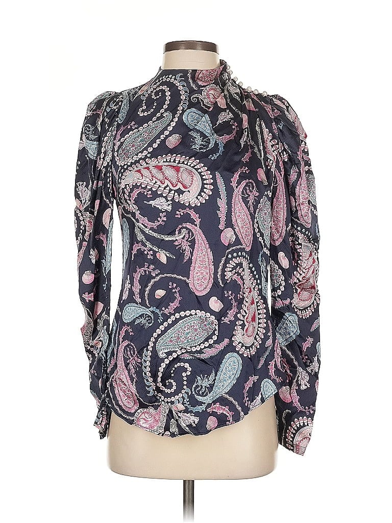 Pre-owned Thurley Long Sleeve Silk Top Purple Paisley Pattern Mock Neckline Tops