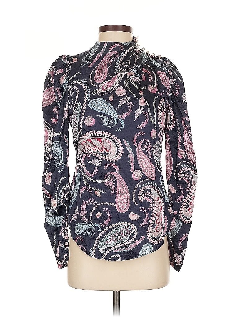 THURLEY Pre-owned Long Sleeve Silk Top Purple Paisley Pattern Mock Neckline Tops