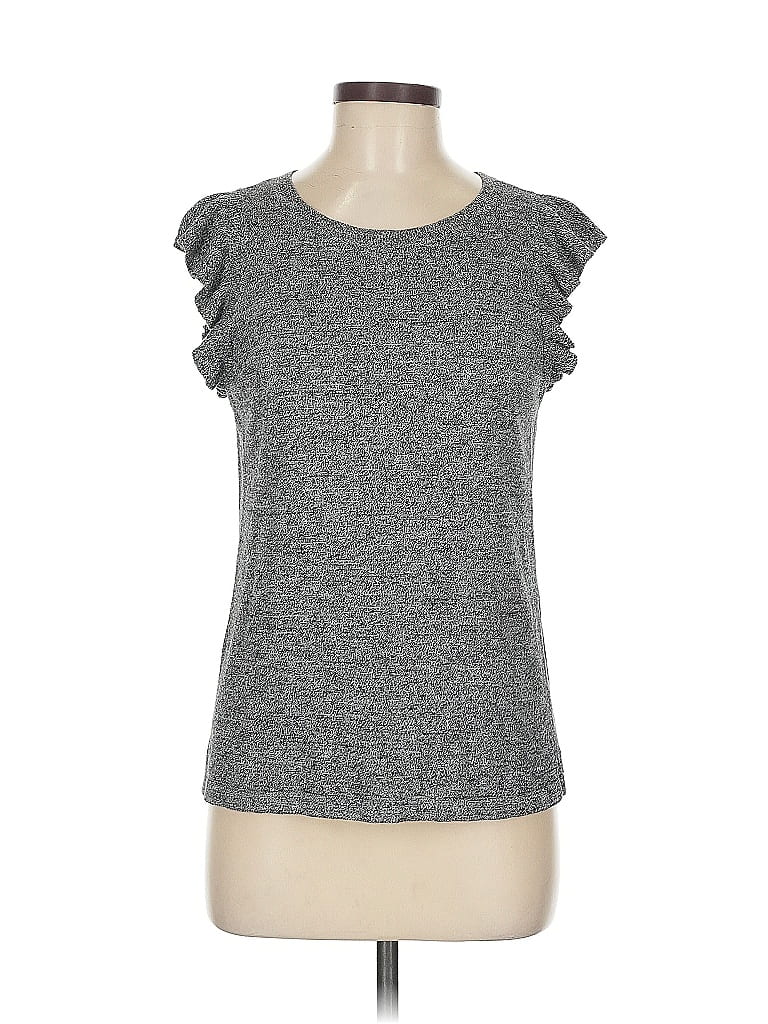 Pre-owned Ann Taylor Loft Outlet Short Sleeve Top Gray Ruffles Neckline Tops