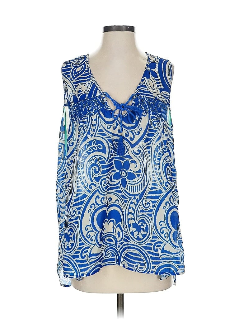 Pre-owned Plenty By Tracy Reese Tank Top Blue Print Pattern Plunge Neckline Tops