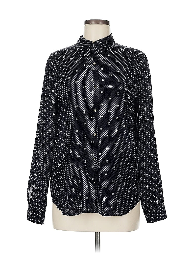 Pre-owned Ann Taylor Long Sleeve Silk Top Black Polka Dots Pattern Mock Neckline Tops