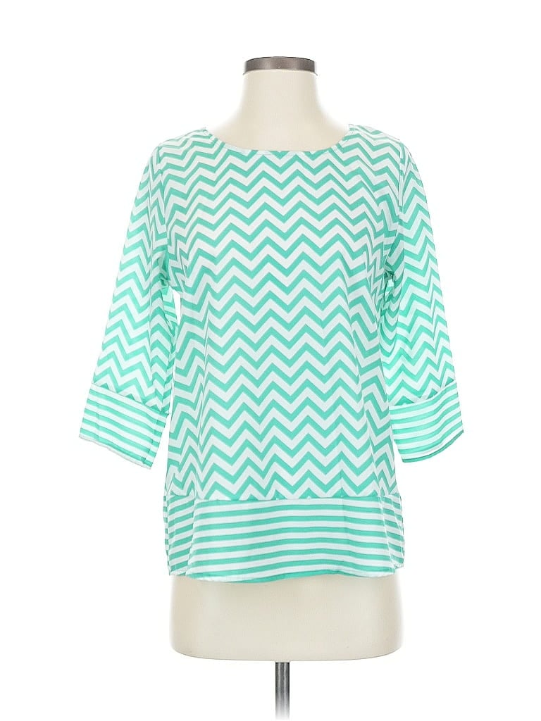 BLUE RAIN Pre-owned 3/4 Sleeve Top Teal Chevron/herringbone Pattern Boatneck Tops In Blue