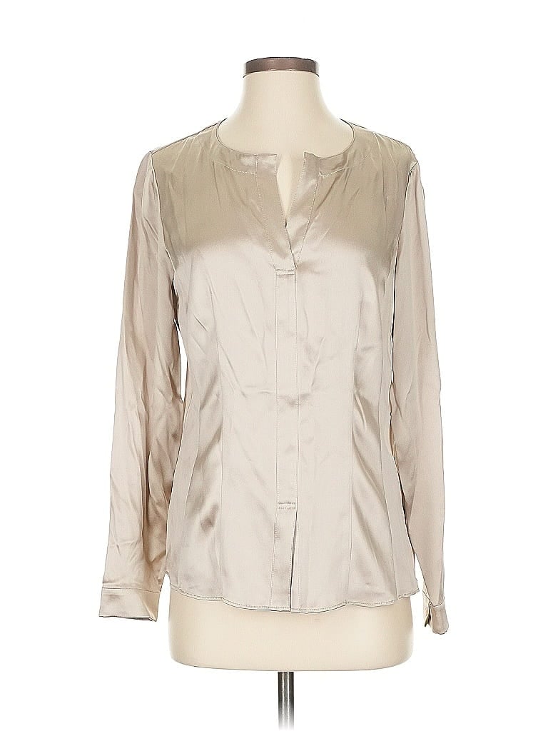 Pre-owned Lafayette 148 Long Sleeve Silk Top Ivory Metallic Pattern Open Neckline Tops In White