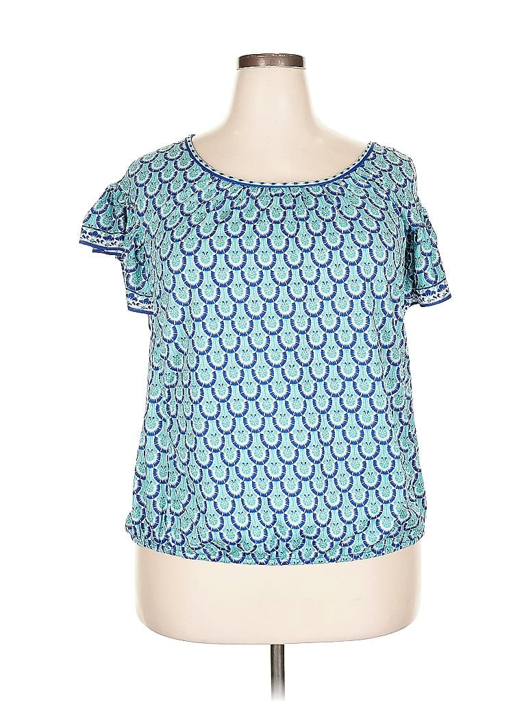 Pre-owned Max Studio Short Sleeve Top Teal Graphic Pattern Scoop Neck Tops In Blue