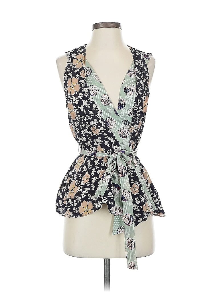 Pre-owned Hd In Paris Sleeveless Silk Top Blue Plunge Neckline Tops