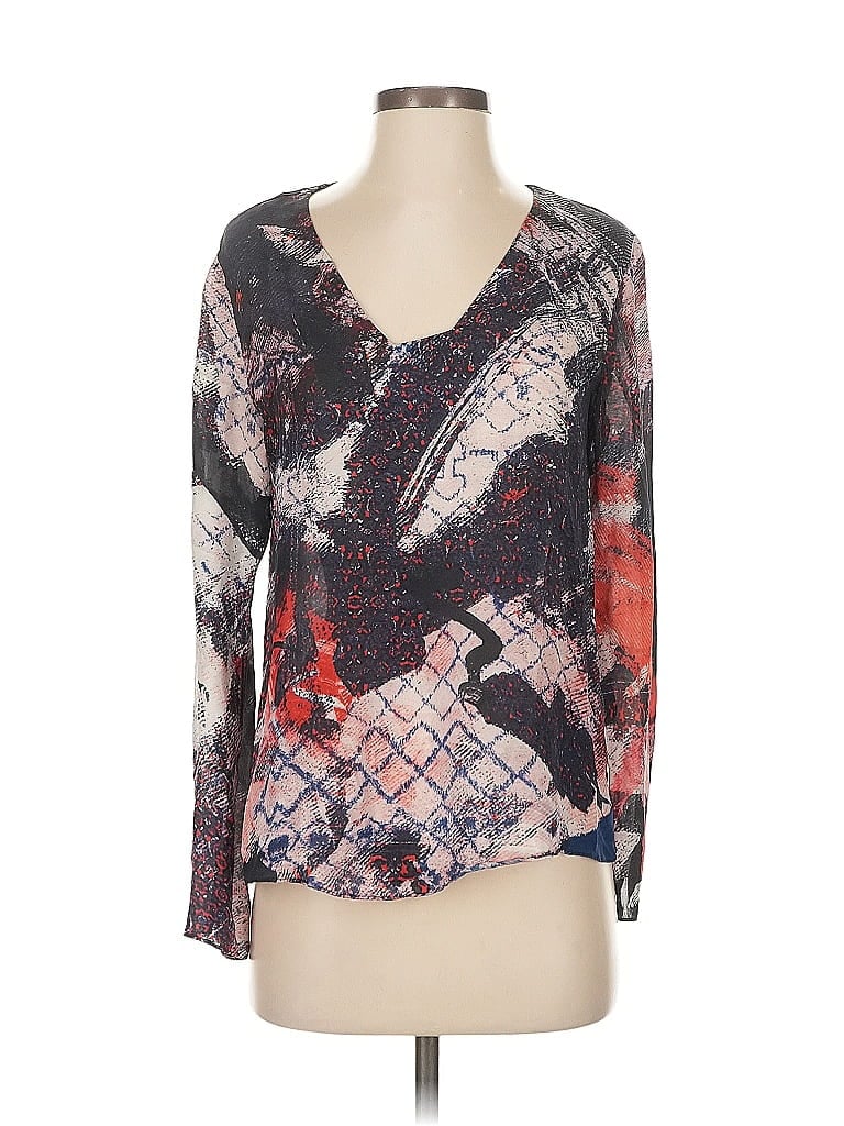 WAVERLY GREY Pre-owned Long Sleeve Silk Top Gray Plunge Neckline Tops