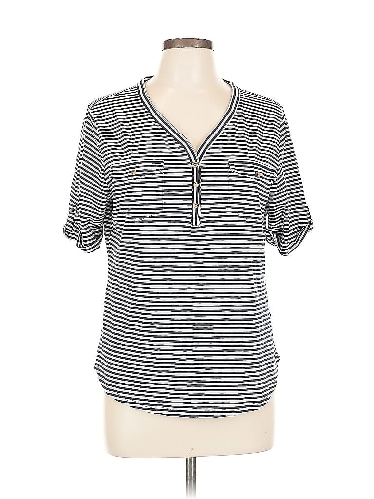 Pre-owned Croft & Barrow Short Sleeve Top Black Stripes Pattern V Neck Tops