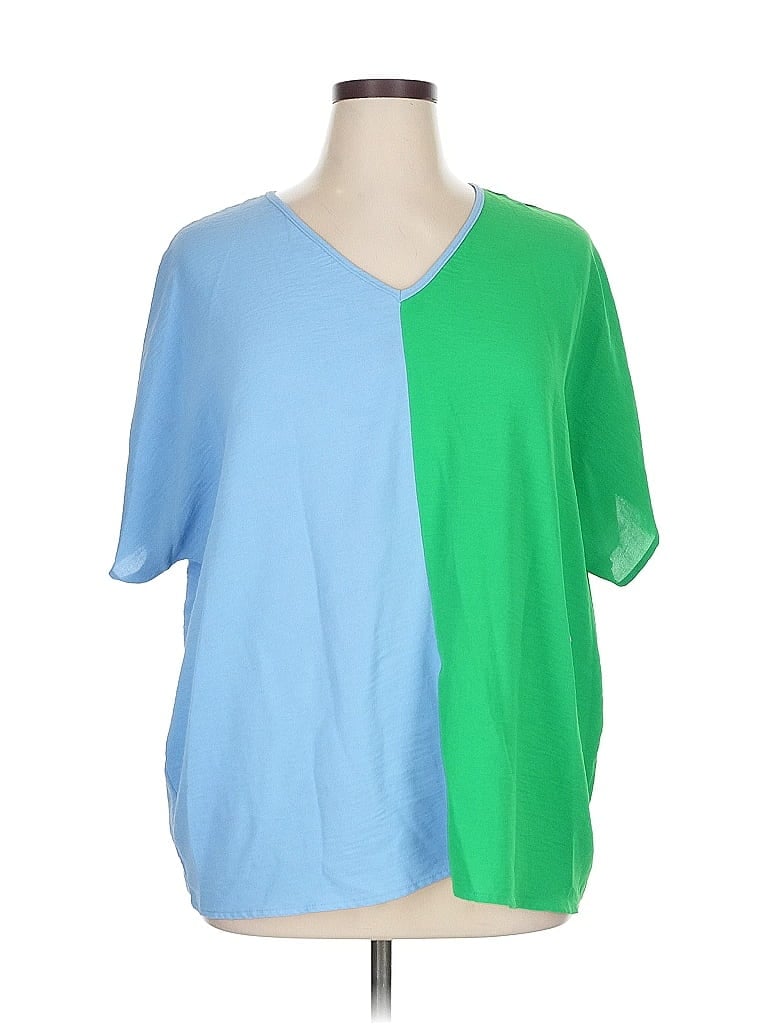 Pre-owned Entro Short Sleeve Top Green Color Block Pattern V Neck Tops