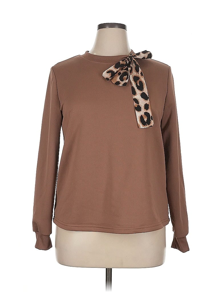 Pre-owned Shein Curve Long Sleeve Top Brown Crew Neck Tops