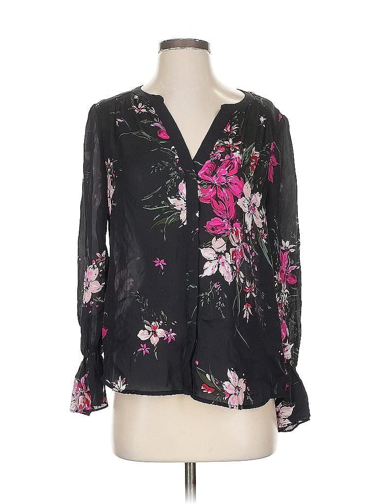 Pre-owned Joie Long Sleeve Silk Top Black Floral Pattern Plunge Neckline Tops