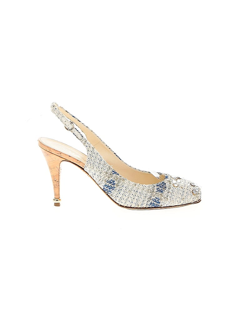 Chanel 100% Tweed Ivory Blue Crystal Cork CC Slingback Pumps Size EU 40 - photo 1