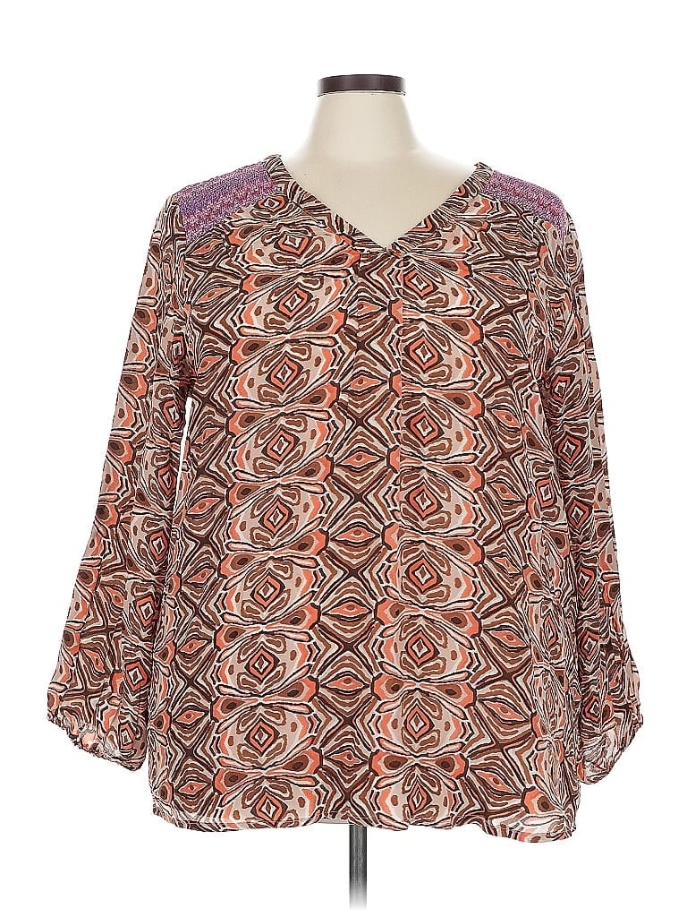 Pre-owned Tolani 3/4 Sleeve Silk Top Brown Print Pattern V Neck Tops