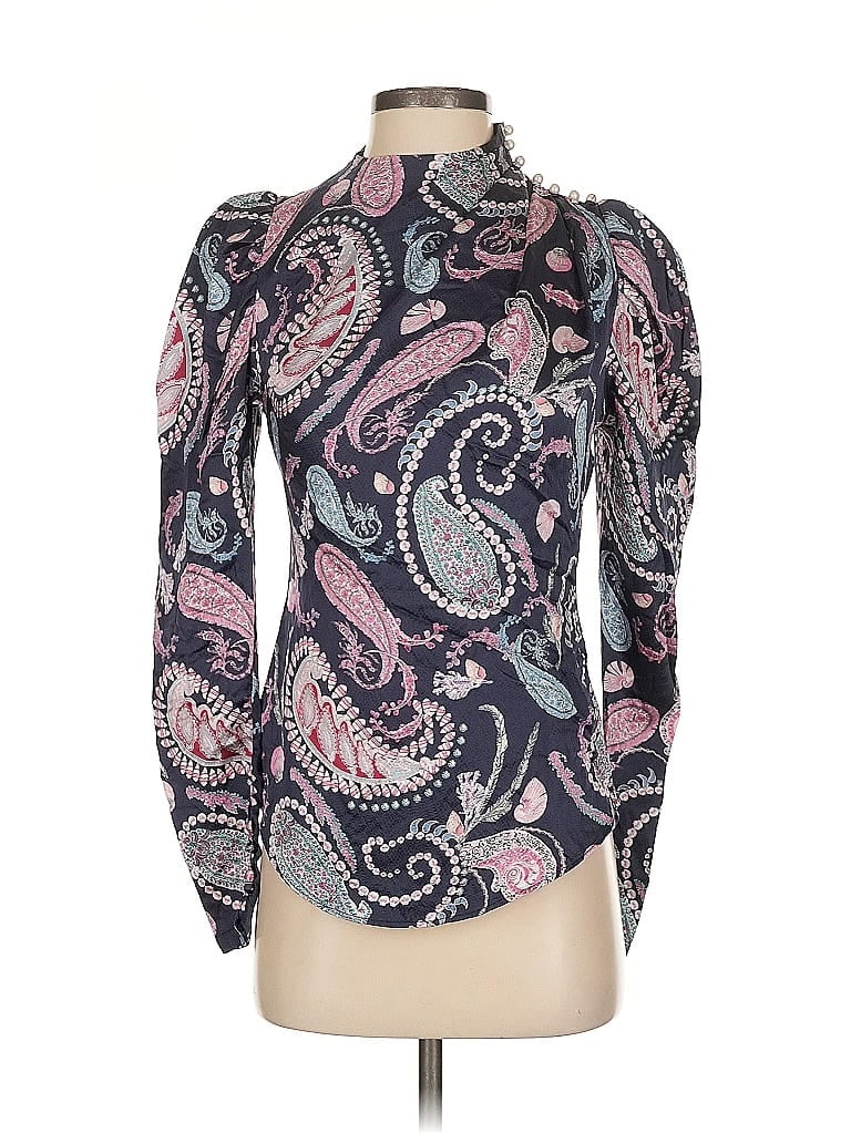Pre-owned Thurley Long Sleeve Silk Top Blue Paisley Pattern High Neck Tops