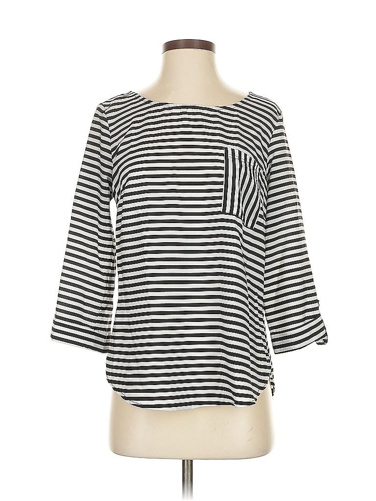 Pre-owned 41hawthorn 3/4 Sleeve Top Black Stripes Pattern Boatneck Tops