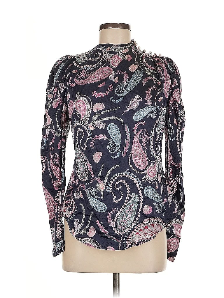 Pre-owned Thurley Long Sleeve Silk Top Blue Paisley Pattern High Neck Tops