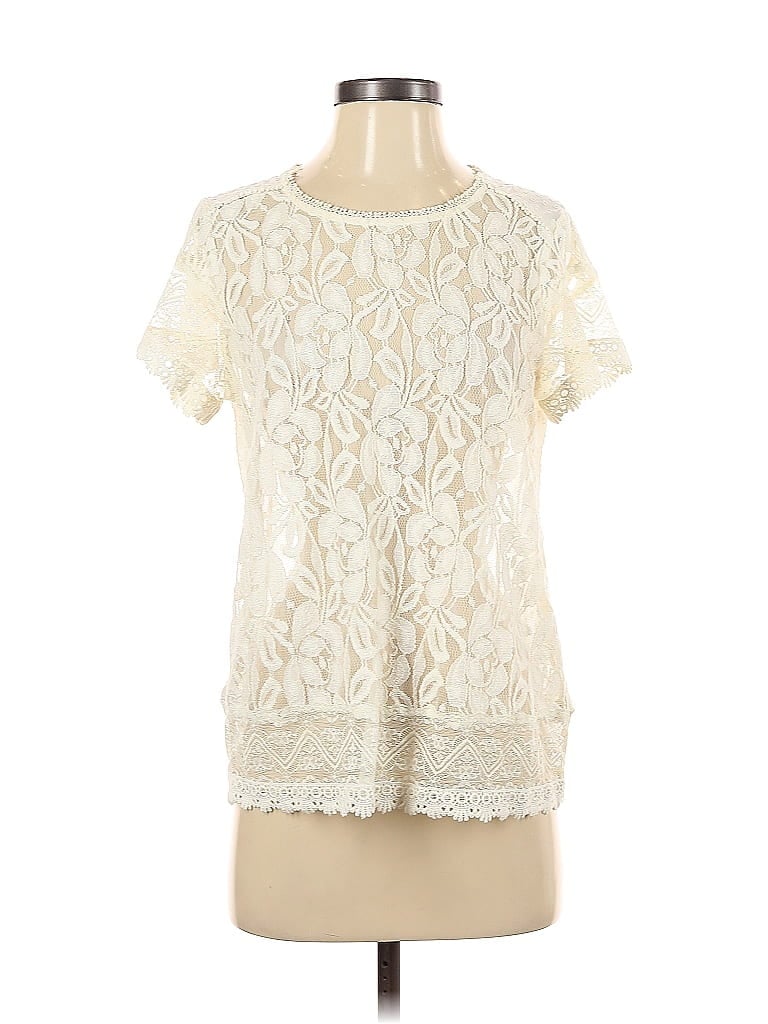 Pre-owned The Limited Short Sleeve Top Ivory Mock Neckline Tops In White