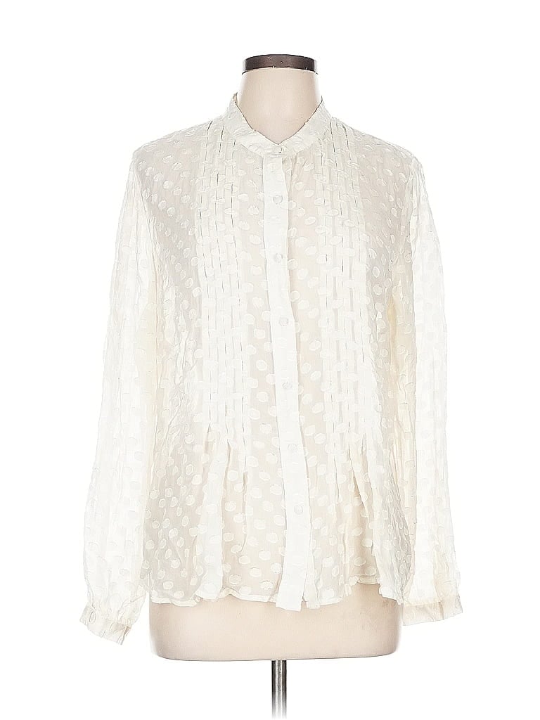 Pre-owned Soft Surroundings Long Sleeve Silk Top Ivory Mock Neckline Tops In White