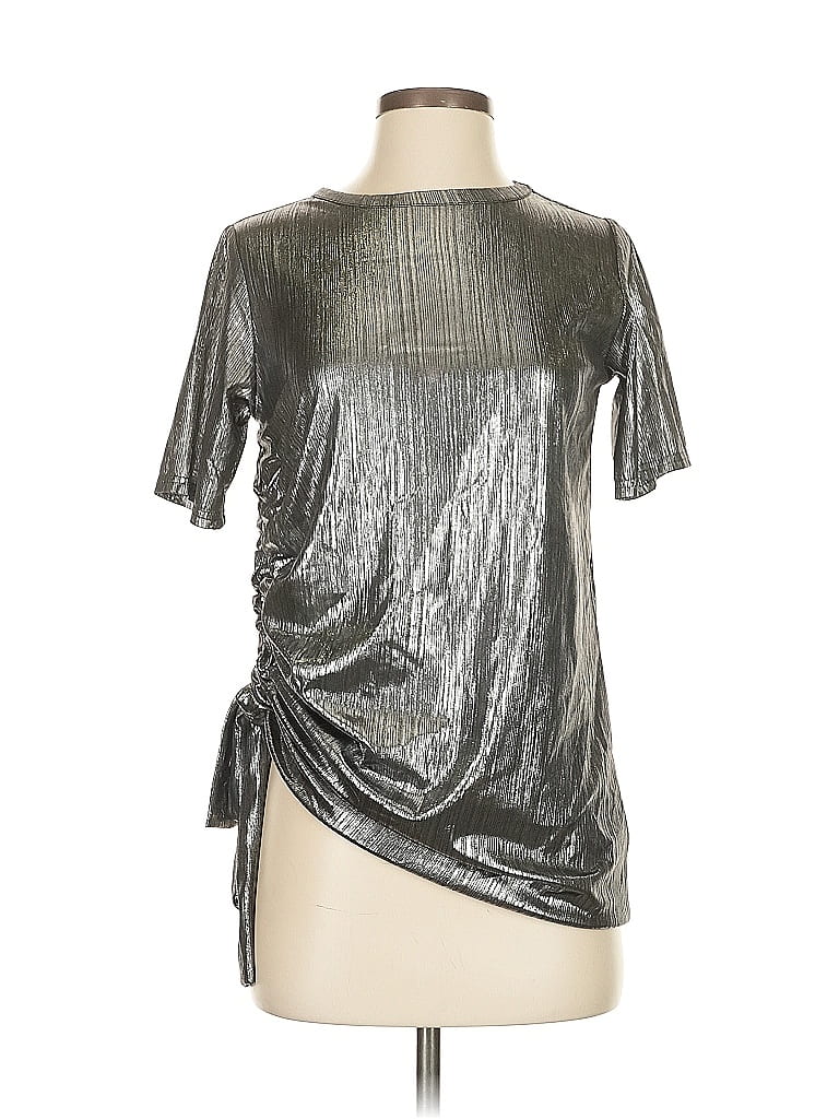 Pre-owned Cheap Monday Short Sleeve Top Silver Metallic Pattern Boatneck Tops