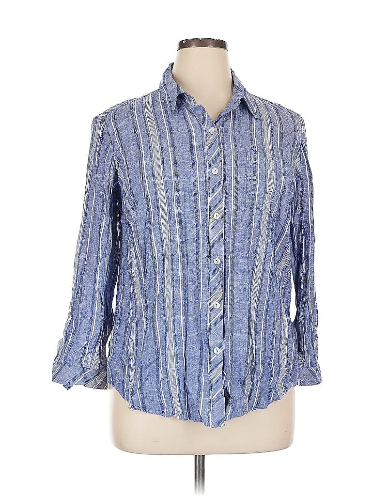 Pre-owned Susan Graver 3/4 Sleeve Button Down Shirt In Blue