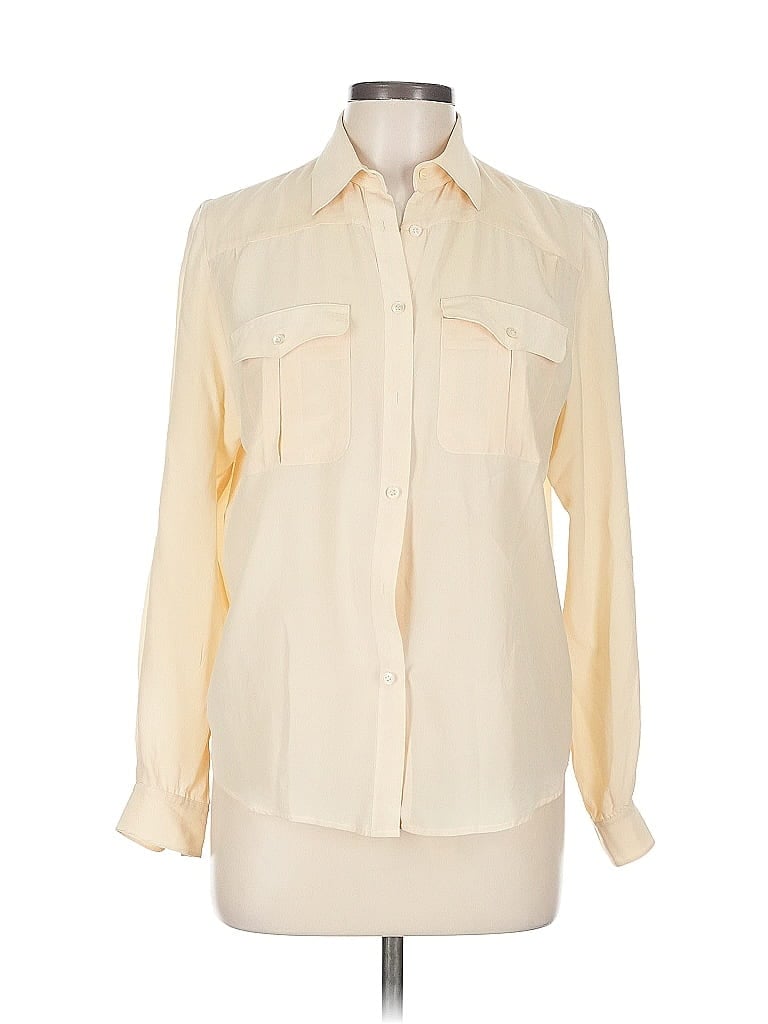 Click to view more detailed imagery on our partner's website Pre-owned Liz Claiborne Long Sleeve Silk Top Ivory Collared Neckline Tops In White
