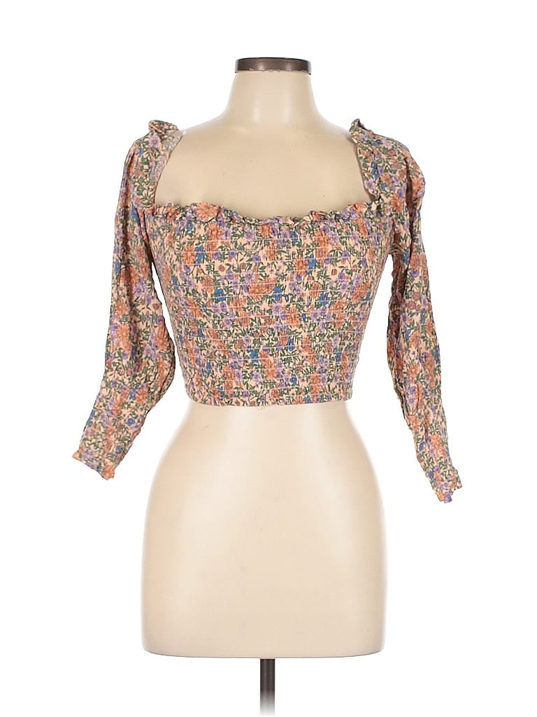 Pre-owned Self Contrast 3/4 Sleeve Blouse In Brown