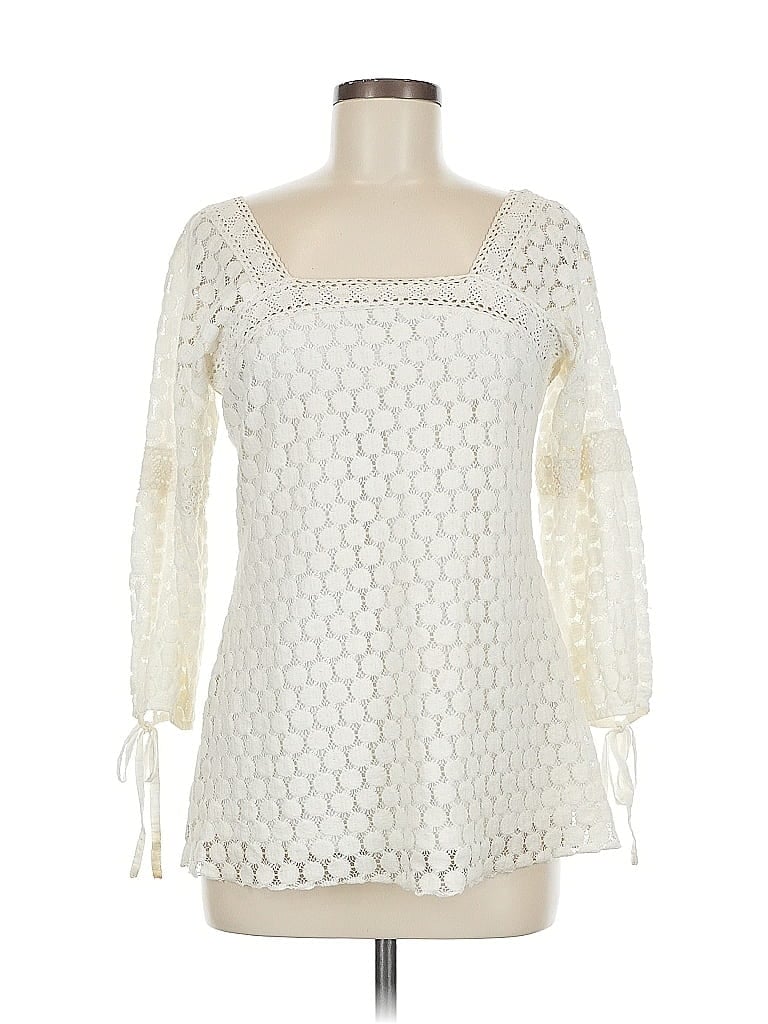 Pre-owned Solitaire 3/4 Sleeve Top Ivory Square Neckline Tops In White