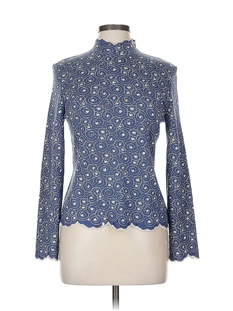 Pre-owned St. John Collection By Marie Gray Long Sleeve Top Blue Mock Neckline Tops