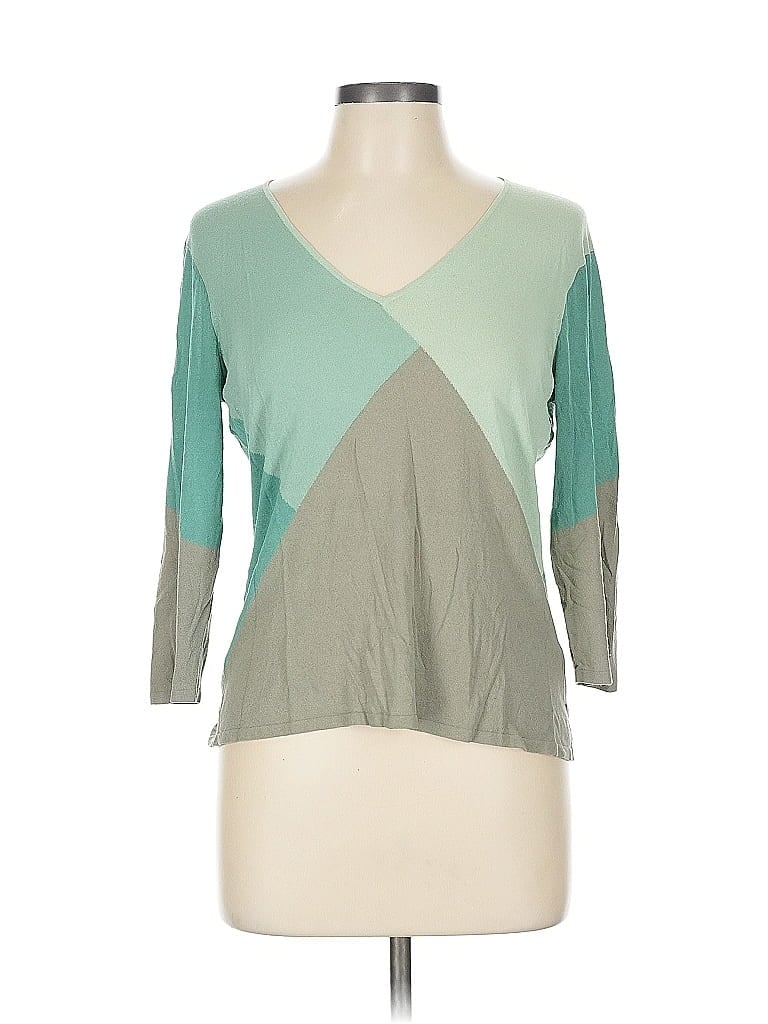 Pre-owned Linda Allard Ellen Tracy 3/4 Sleeve Top Green Color Block Pattern V Neck Tops