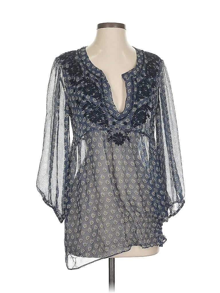 Pre-owned Calypso St Barth 3/4 Sleeve Silk Top Blue Plunge Neckline Tops