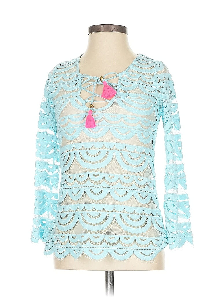 Pre-owned Pilyq Long Sleeve Top Teal Keyhole Neckline Tops In Blue