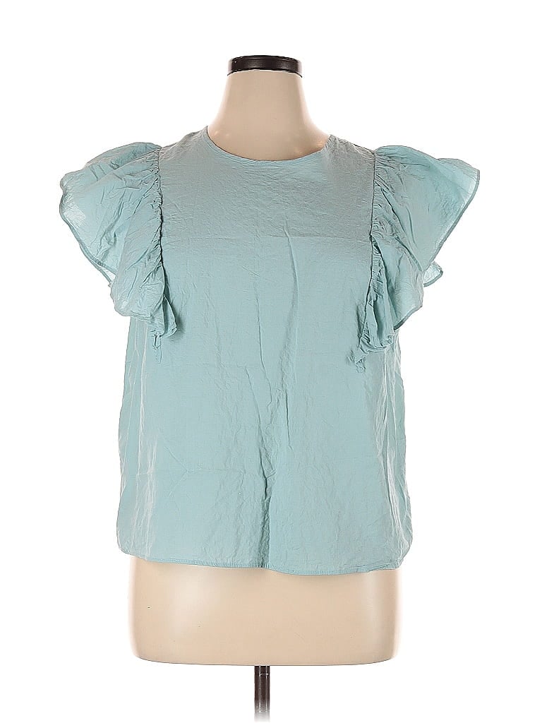 Pre-owned A New Day Short Sleeve Top Teal Ruffles Neckline Tops In Blue