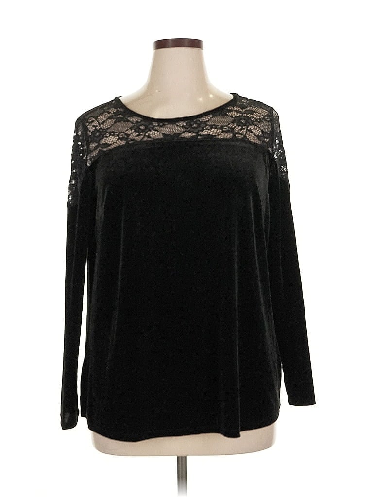 Pre-owned Roz & Ali Long Sleeve Top Black Scoop Neck Tops
