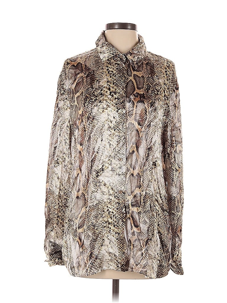 Pre-owned Les Copains Long Sleeve Silk Top Brown Animal Print Pattern High Neck Tops