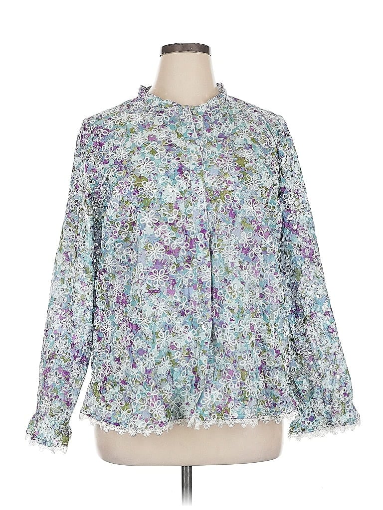 LOGO by Lori Goldstein 100% Cotton Floral Blue Long Sleeve Blouse Size XL - photo 1