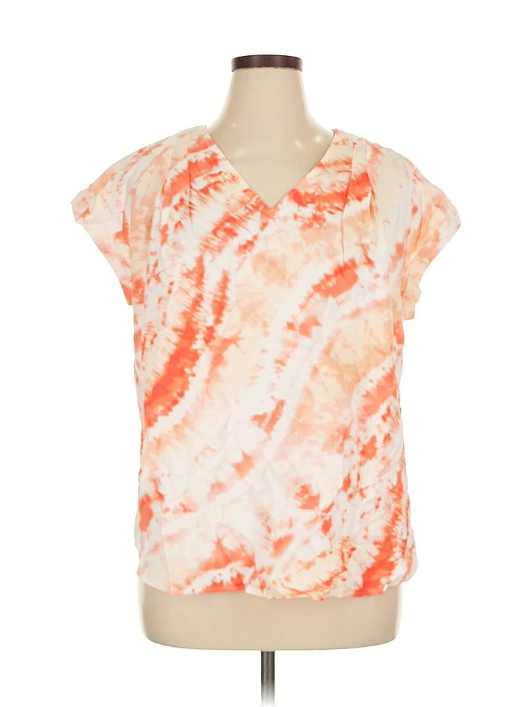 Pre-owned Simply Vera Vera Wang Short Sleeve Top Orange Tie-dye Pattern V Neck Tops