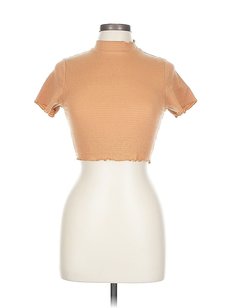 Pre-owned Shinestar Short Sleeve Top Tan Mock Neckline Tops In Brown