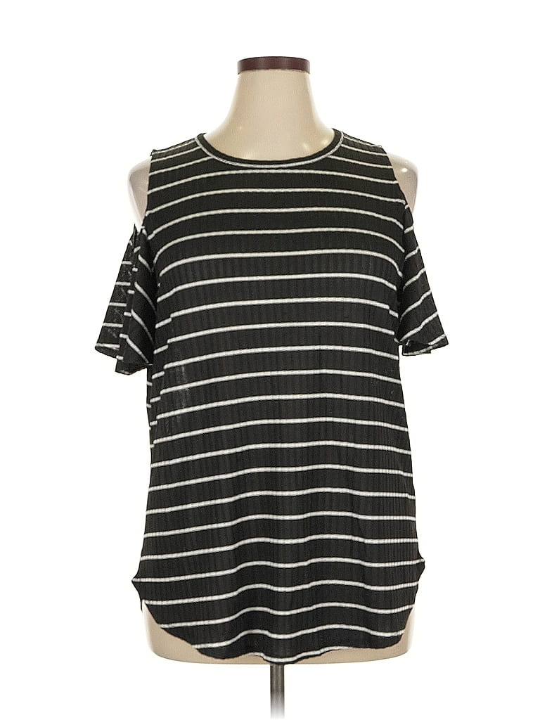 Pre-owned Apt. 9 Short Sleeve Top Black Stripes Pattern Cold Shoulder Neckline Tops