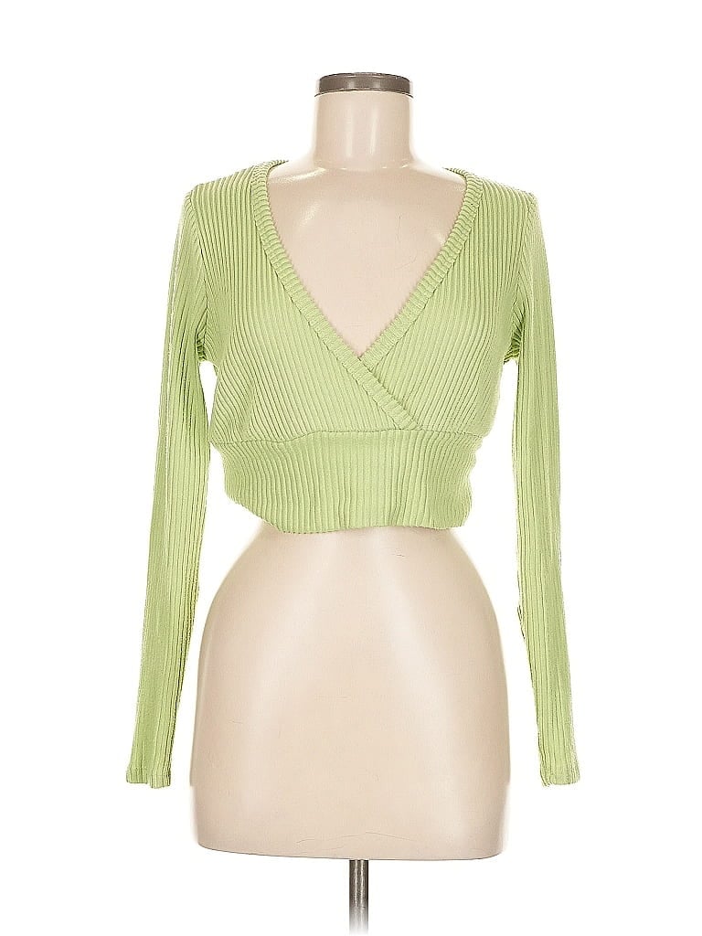 Pre-owned Wild Fable Long Sleeve Top Green Plunge Neckline Tops